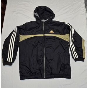 Adidas Reversible Hooded Puffer Jacket Vtg 90s Y2k Black Gold Grey Mens Large
